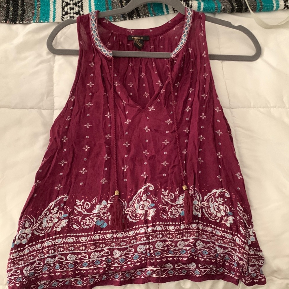 Forever 21 Burgundy Boho Tassel Tank Top Size S